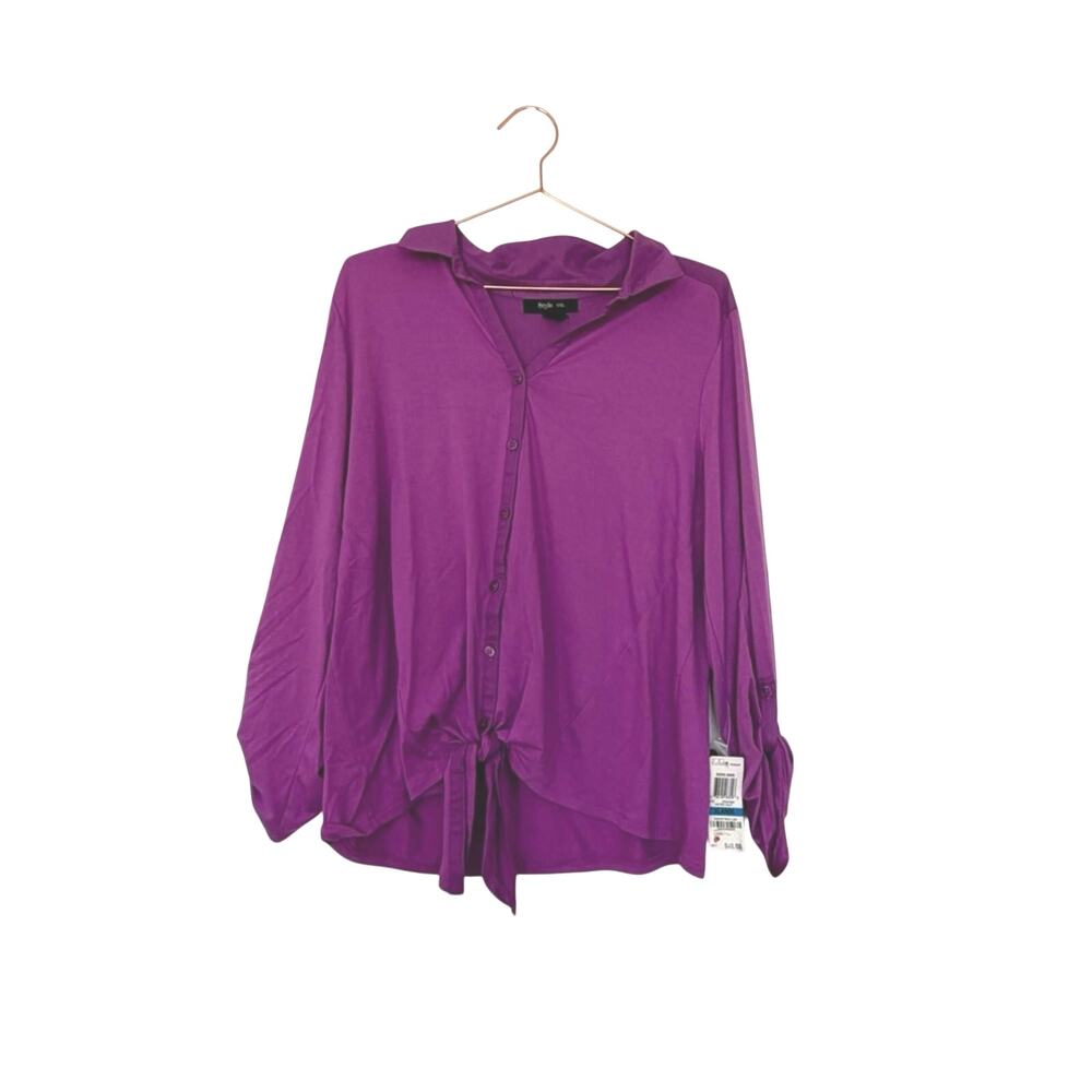 Style & Co. Button-Front Tie-Hem Shirt in Purple XL